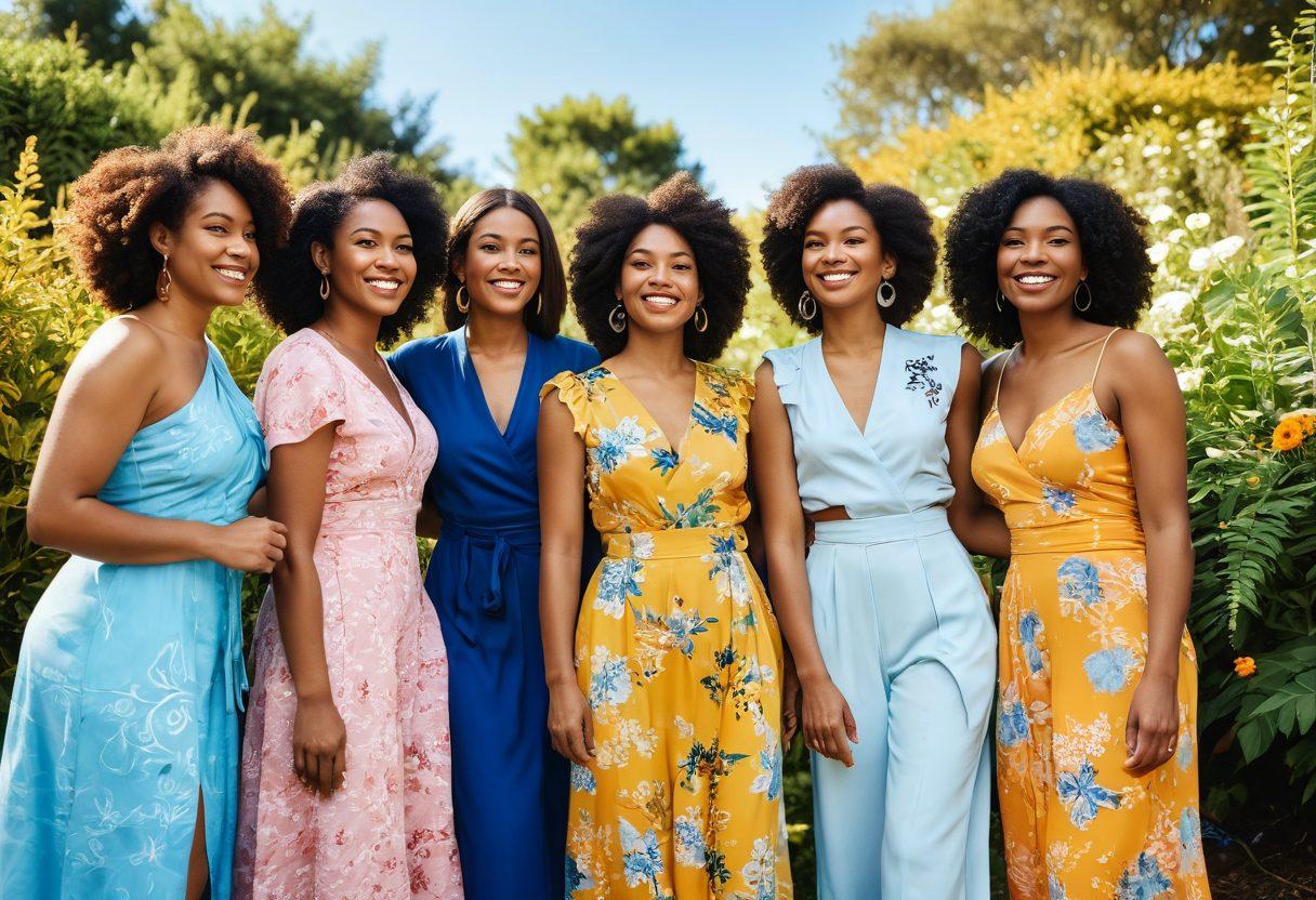 A diverse group of confident women standing together in a lush, sunlit garden, each radiating individuality while sharing warm smiles. They are engaged in conversation, surrounded by symbols of empowerment like butterflies and blooming flowers. The background features a clear blue sky, emphasizing a sense of unity and support. The women wear stylish, colorful outfits representing various cultures. vibrant colors. painterly style.