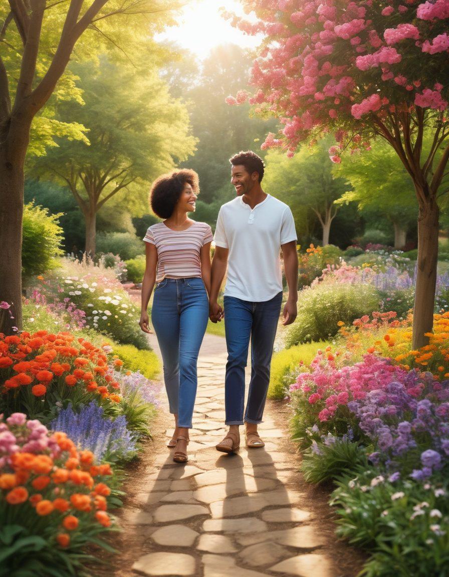 A warm, inviting scene of a couple walking hand-in-hand through a blooming garden, showcasing a diverse group of couples enjoying meaningful conversations and shared laughter. Include elements like colorful flowers, soft sunlight filtering through trees, and a serene atmosphere that conveys warmth and connection. Illustrate a sense of empowerment and love among the relationships depicted. super-realistic. vibrant colors. soft focus.