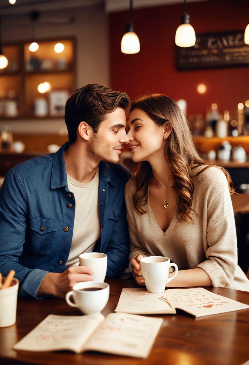 A serene couple sitting together in a cozy cafe, engaged in a deep and intimate conversation. Surround them with soft lighting, warm colors, and hearts subtly blended into the background, symbolizing love and connection. Include elements like coffee cups and a notebook with love notes on the table. The scene should evoke feelings of warmth and support, inviting the viewer to explore the depths of relationship advice. super-realistic. warm tones. soft focus.